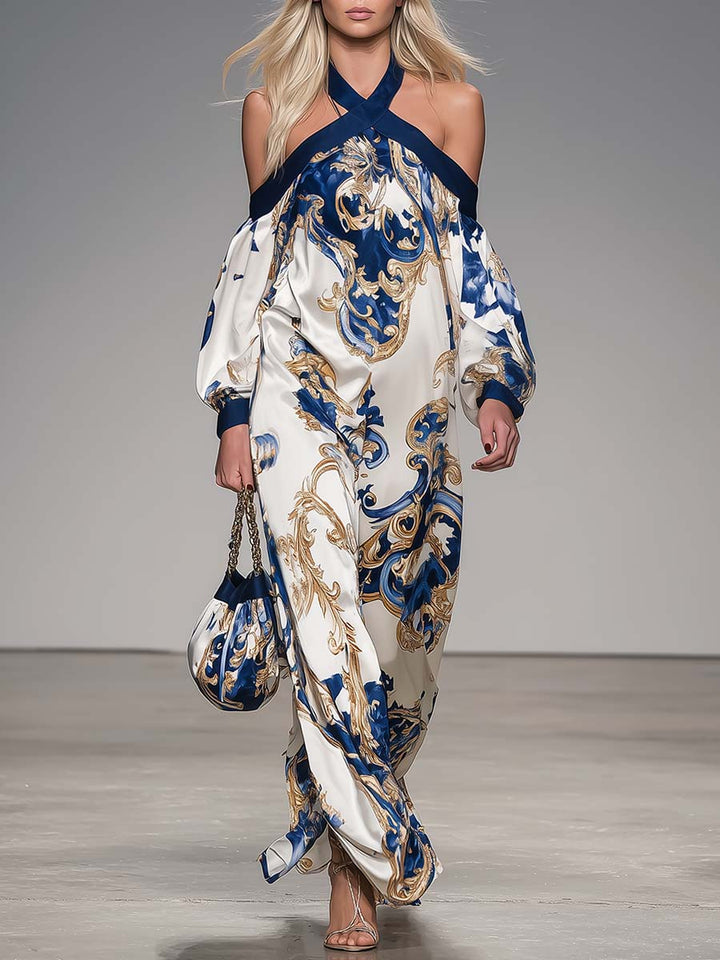 Retro Off-shoulder Printed Satin Maxi Dress