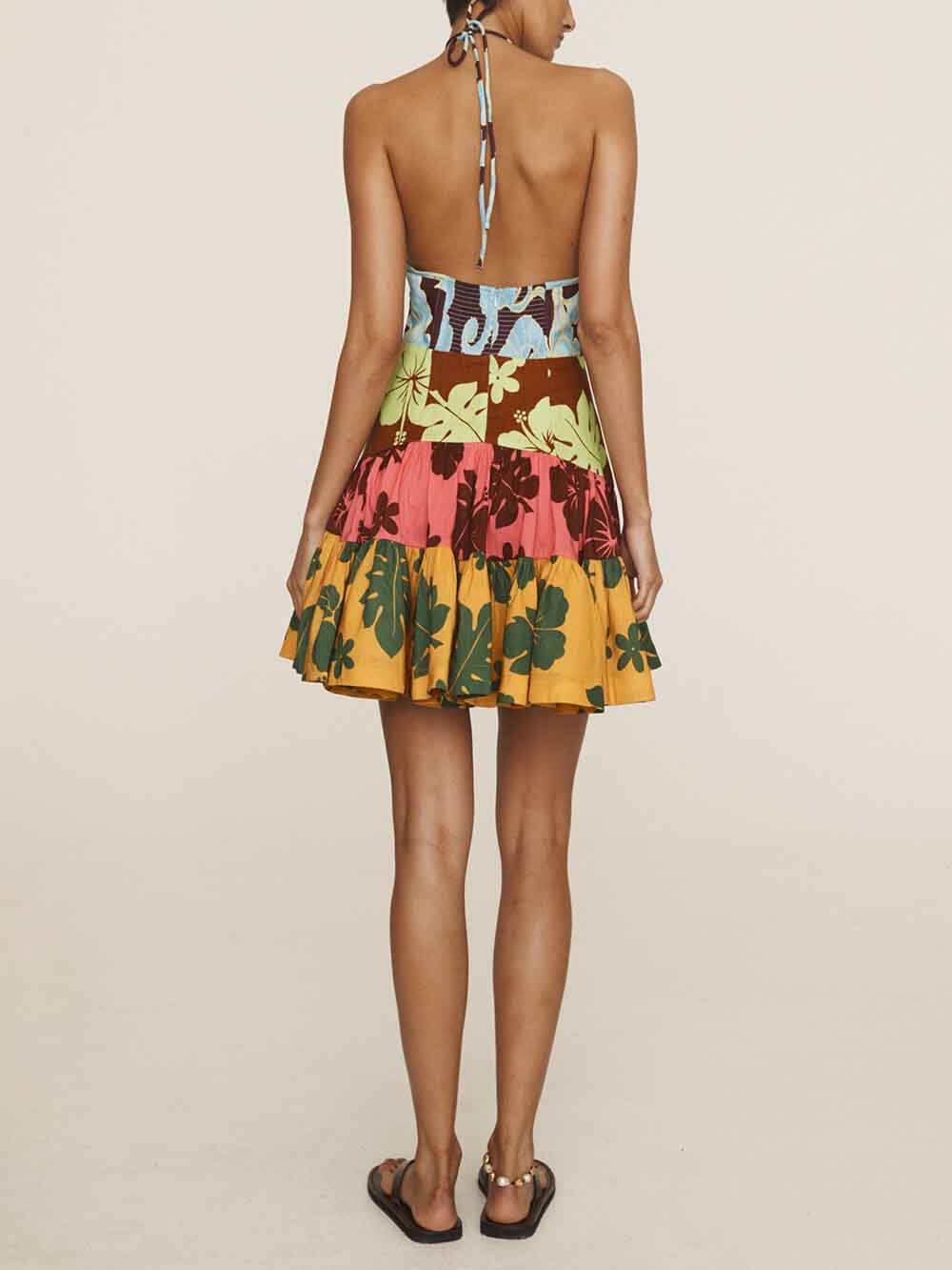 Vintage Unique Poppy Flower Print Patchwork Halter Neck Mini Dress