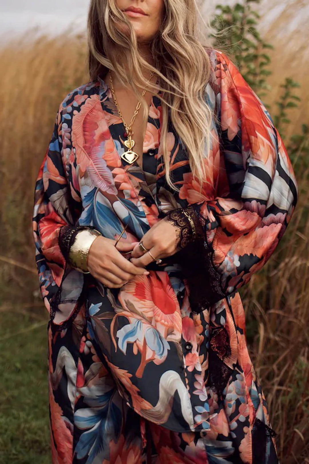 Fashion Lace Patchwork Printed Elastic Waist Wide-Leg Pants