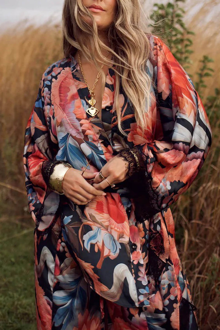 Fashion Lace Patchwork Printed Elastic Waist Wide-Leg Pants