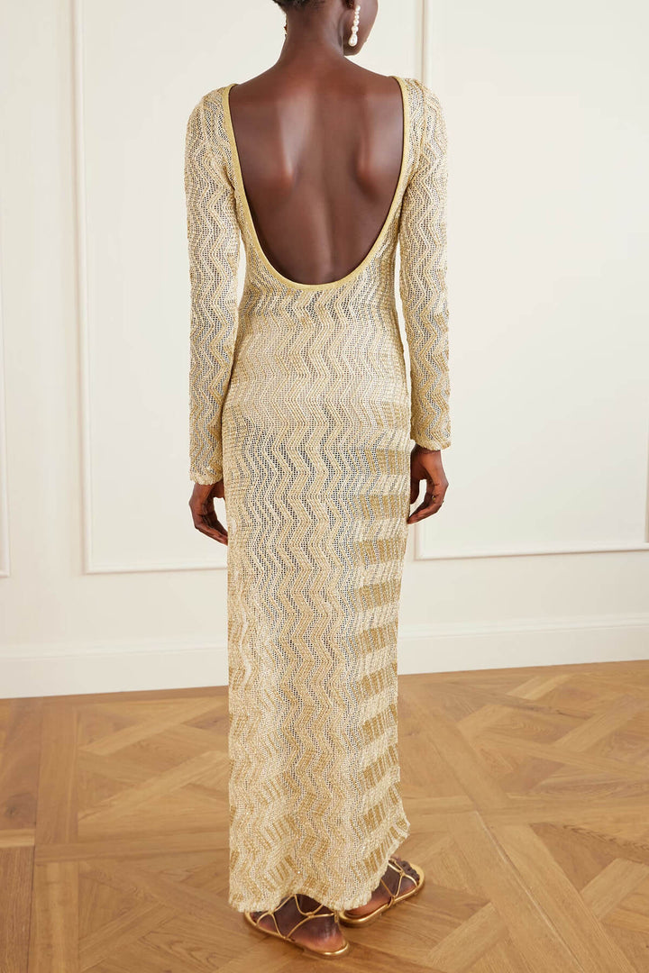 Casual Backless Metallic Crochet Maxi Dress