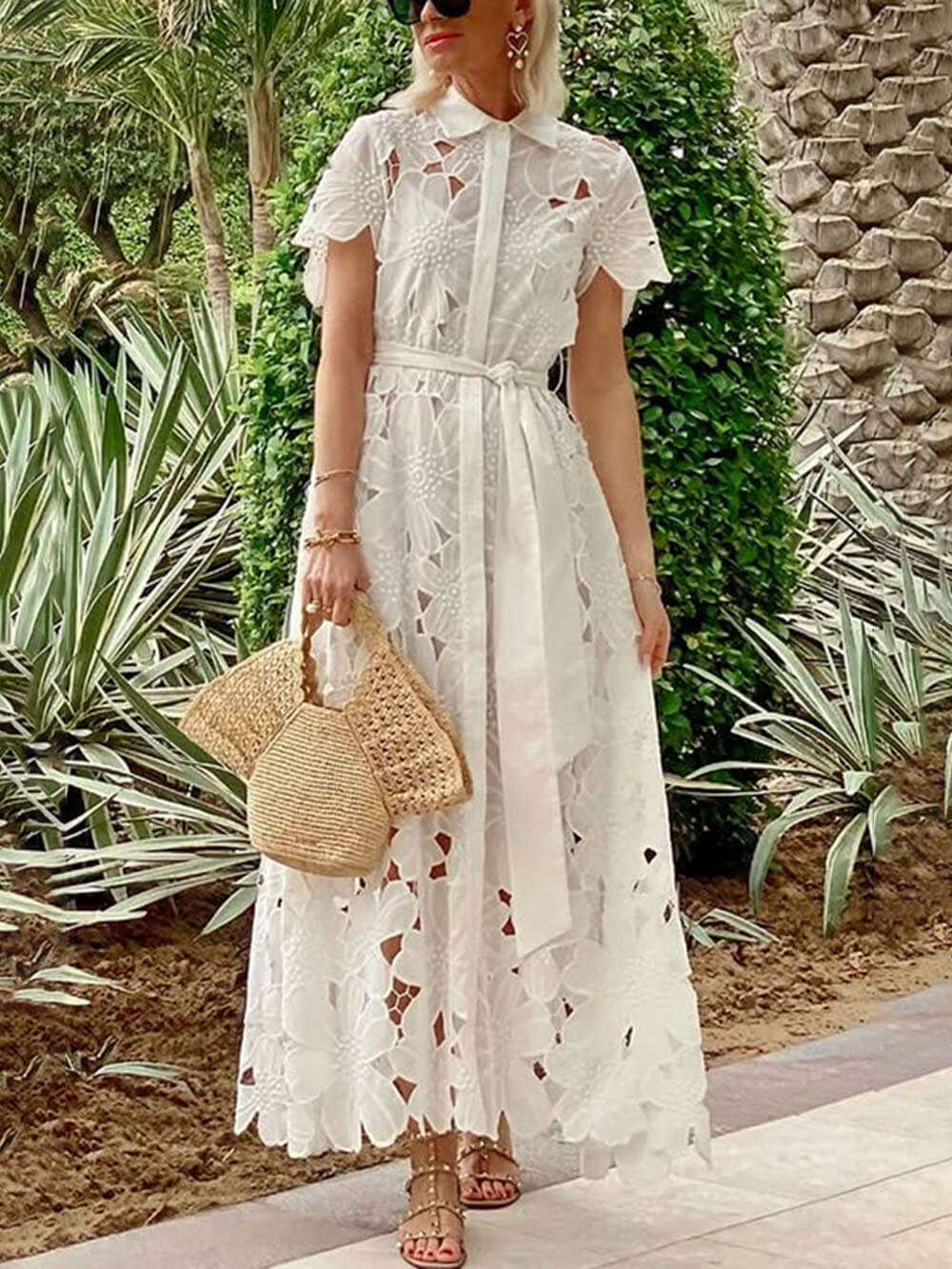 Summer Casual Lace Cardigan Single-Breasted Maxi Dress