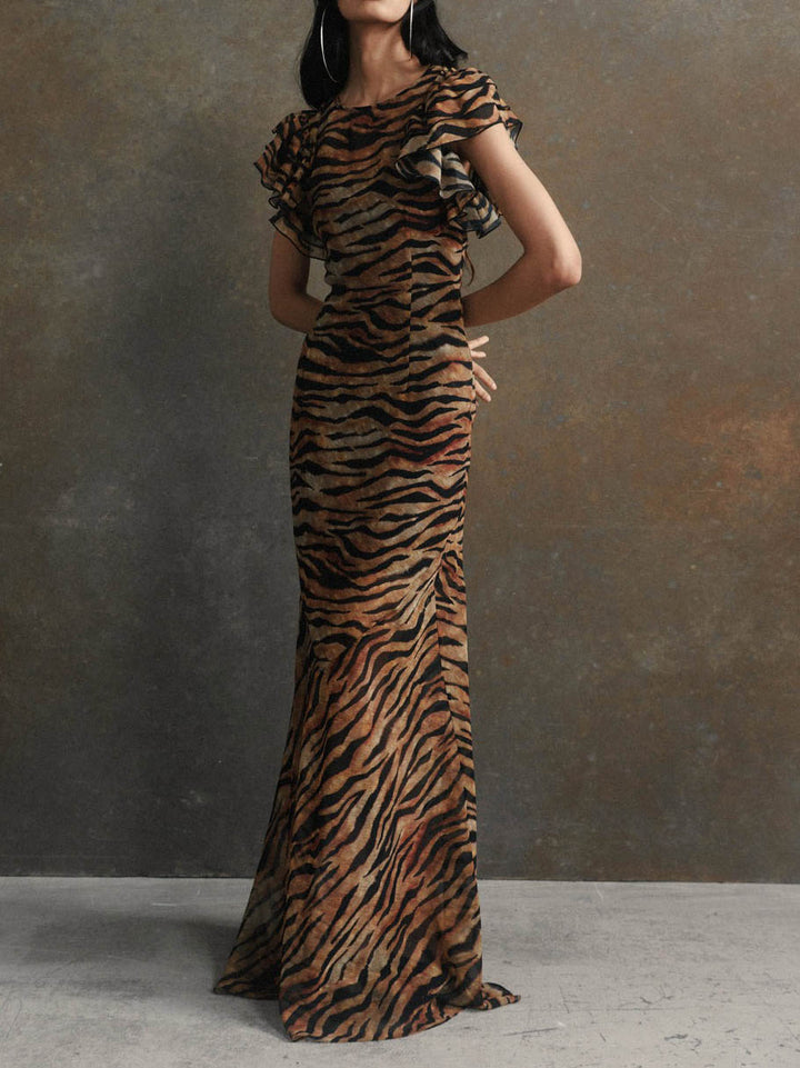 Leopard Print Ruffled Short-sleeved Evening Maxi Dress