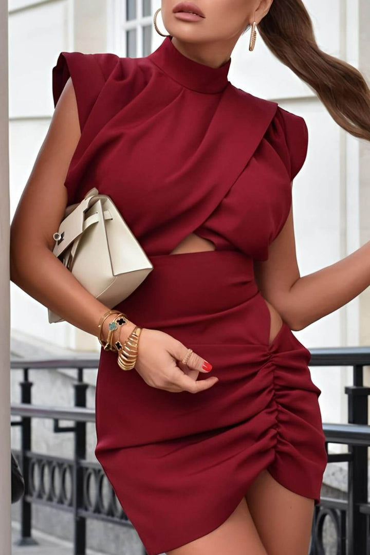Chic Pleate Cut-Out Red Mini Dress