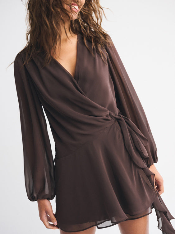 Casual Long-sleeved Deep V-neck Wrap Mini Dress