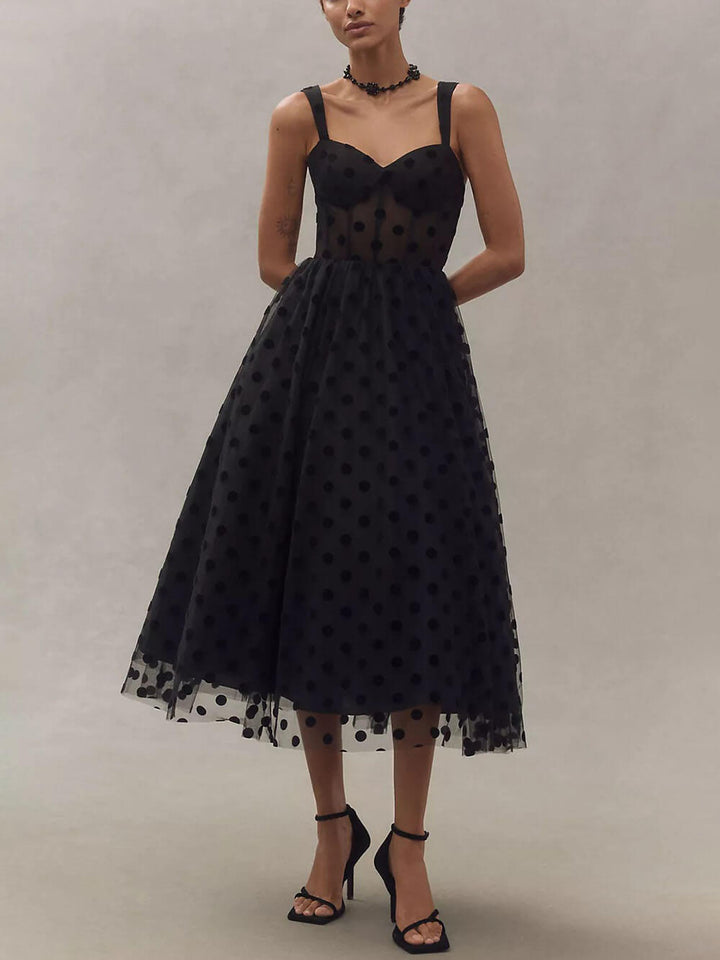 Exquisite Perfect Tulle Polka Dot Sweetheart Bustier A-Line Midi Dress