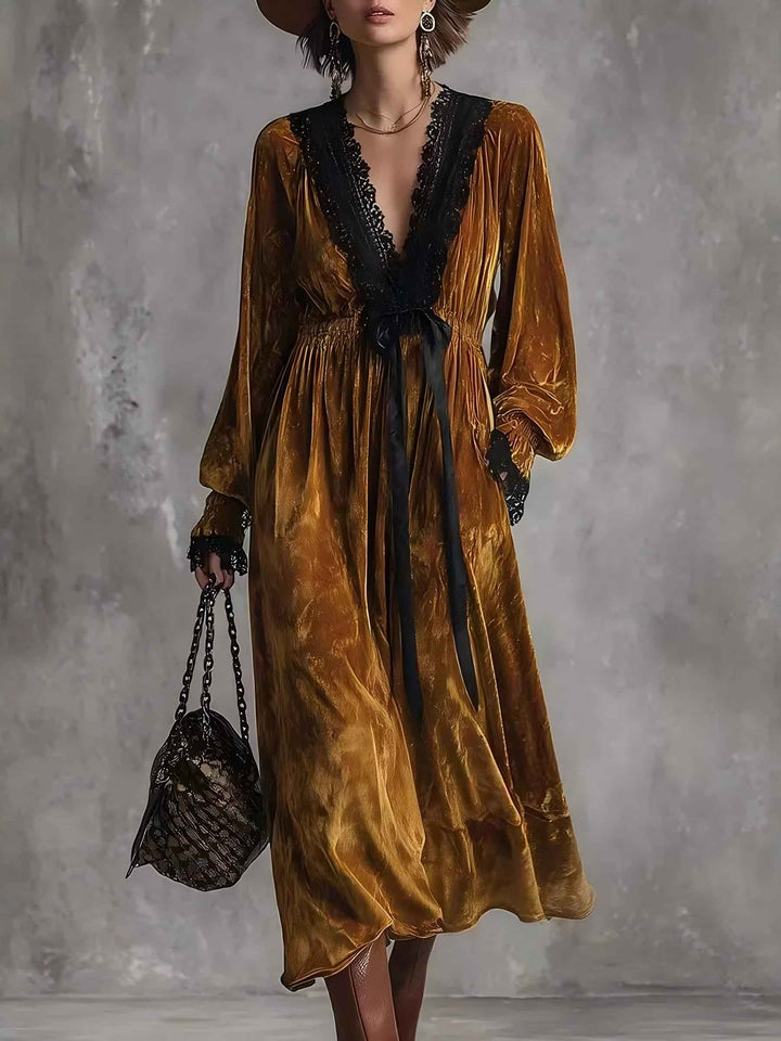 Elegant V-neck Velvet And Lace Patchwork Dress