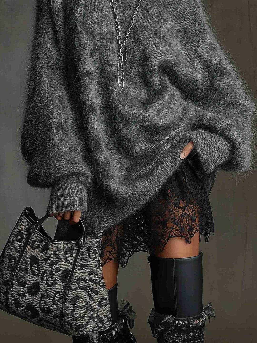 Casual High-neck Leopard-print Knitted Sweater