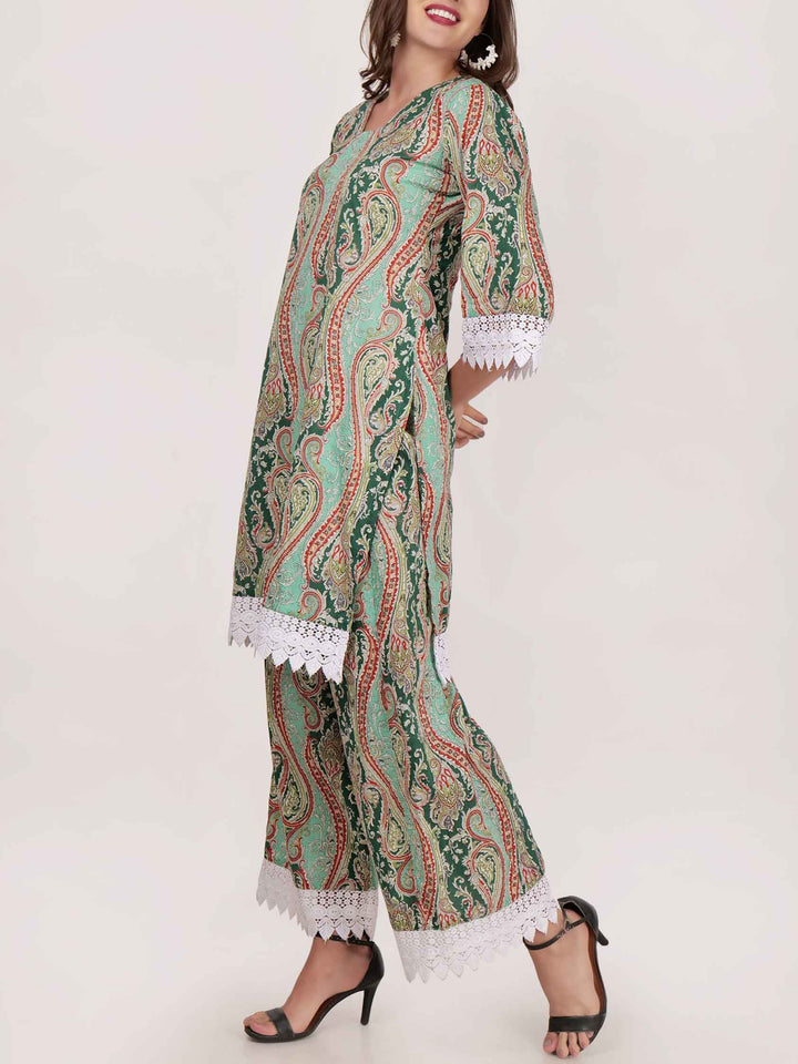 Elegant Paisley Print Lace-trimmed Wide-leg Pants