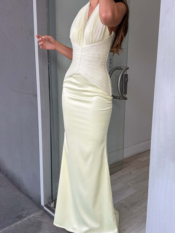 Elegant V-neck Pleated Corset Maxi Dress
