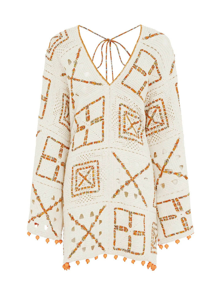 Exquisite Color-Block Print V-Neck Crochet Mini Dress
