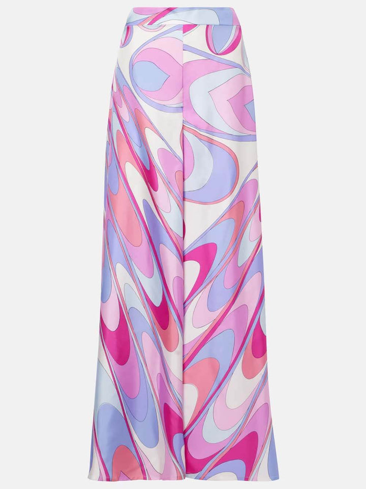 Unique Rainbow Print Twill Satin Wide-Leg Pants