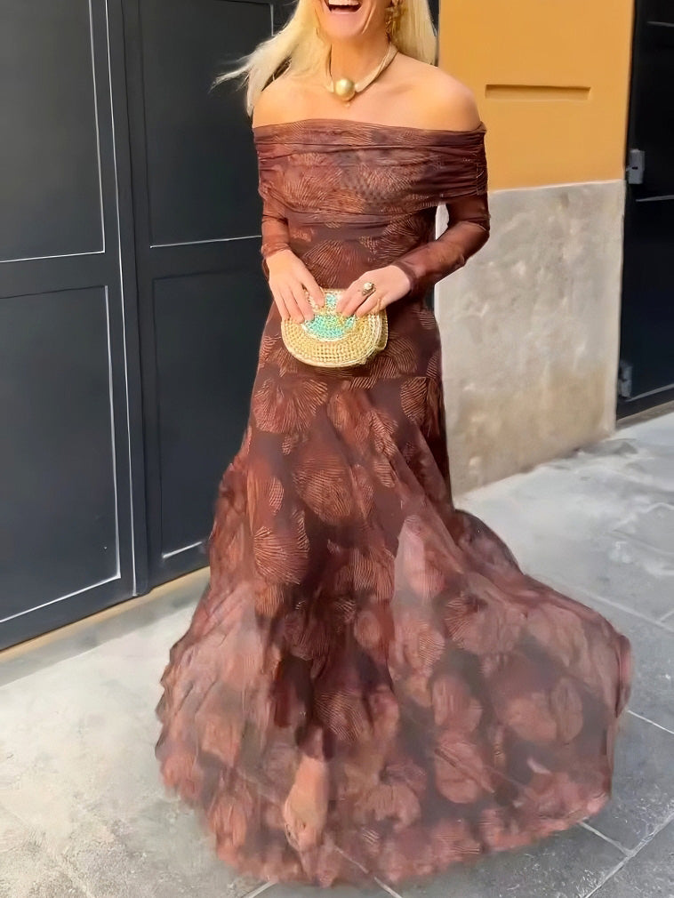 Retro Mesh Print Off-shoulder Maxi Dress