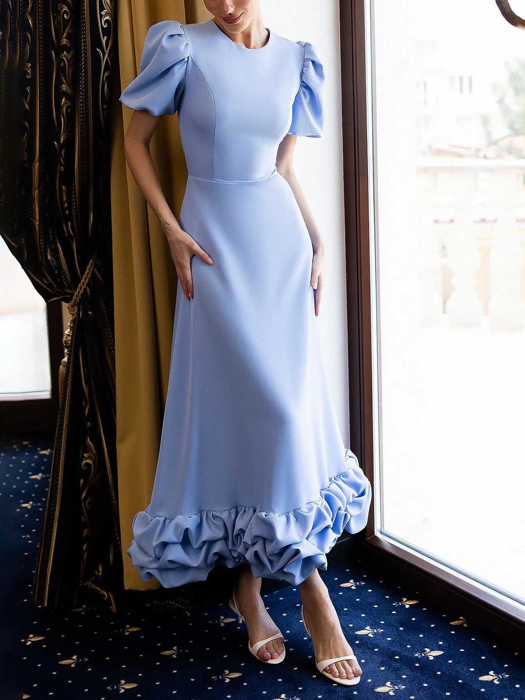 Elegant Puff Sleeve Ruffle Hem Maxi Dress