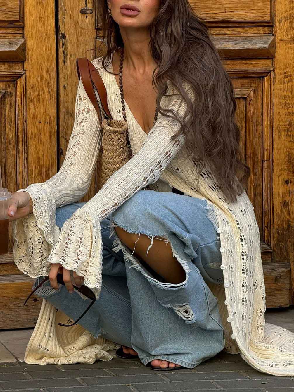 Unique Hollow Crochet Extra-Long Knitted Cardigan