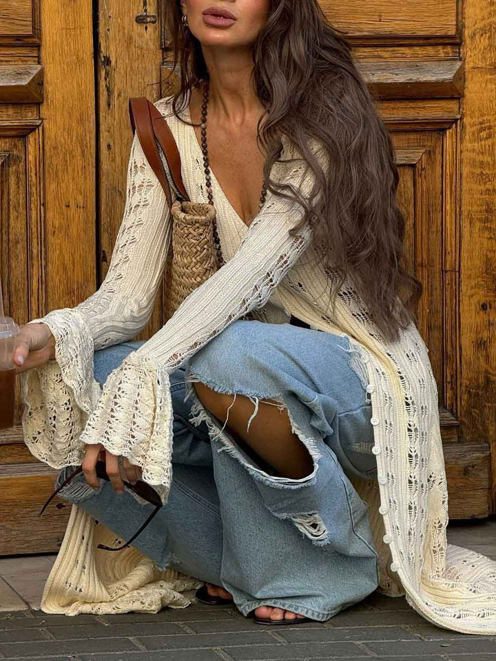 Unique Hollow Crochet Extra-Long Knitted Cardigan