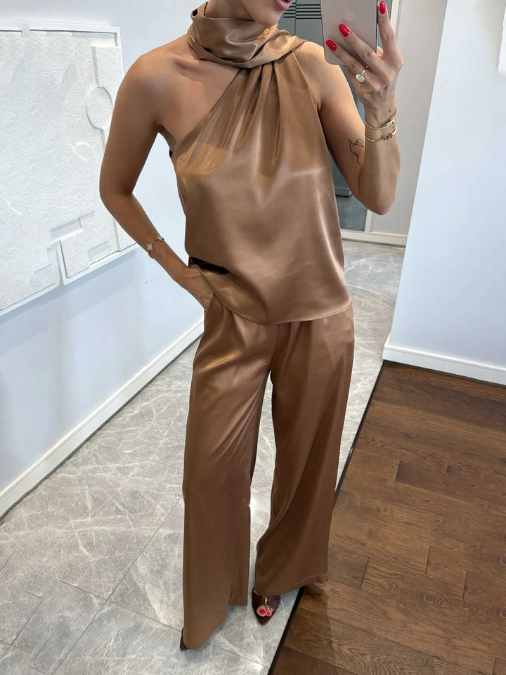 Elegant Satin Ribbon Neckline Top And Pants Two-piece Set