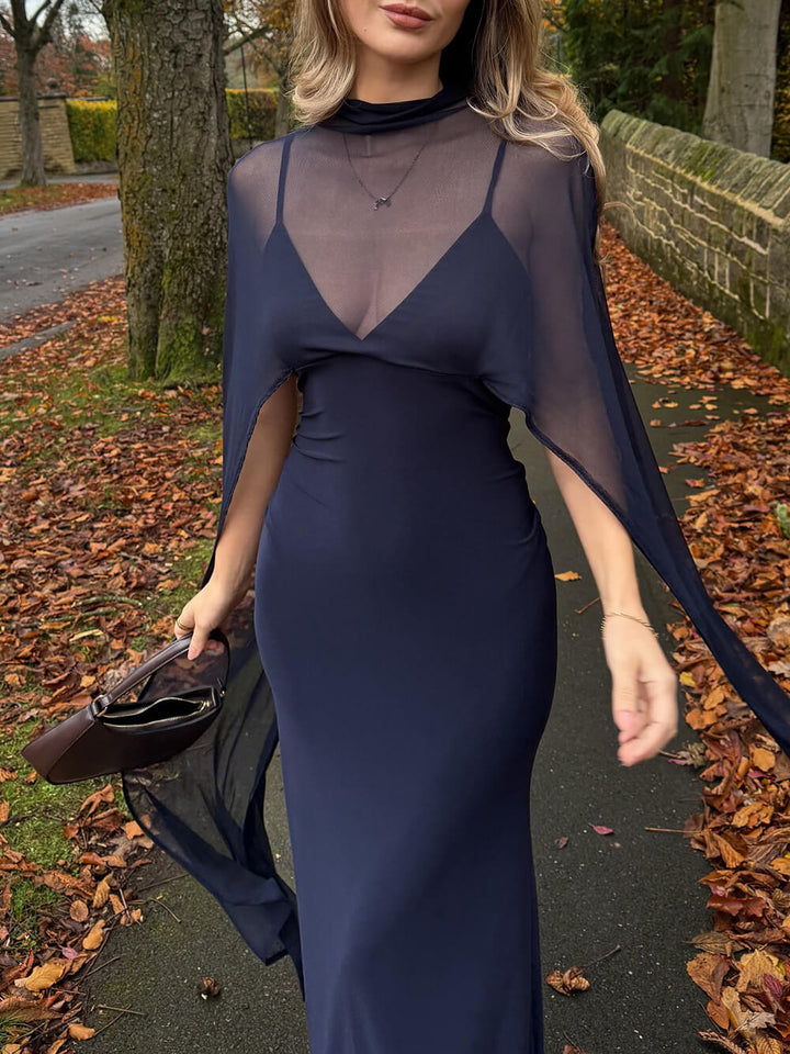 Sexy Navy Blue V-neck Sleeveless Sheer Fit Shawl-Style Spaghetti Strap Maxi Dress