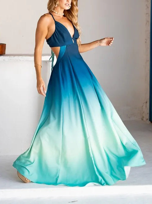 Exquisite Gradient Print V-Neck Flowing Maxi Dress