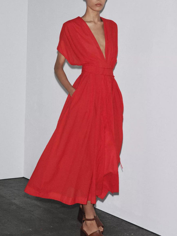 Elegant V-neck Drawstring Pleated Midi Dress