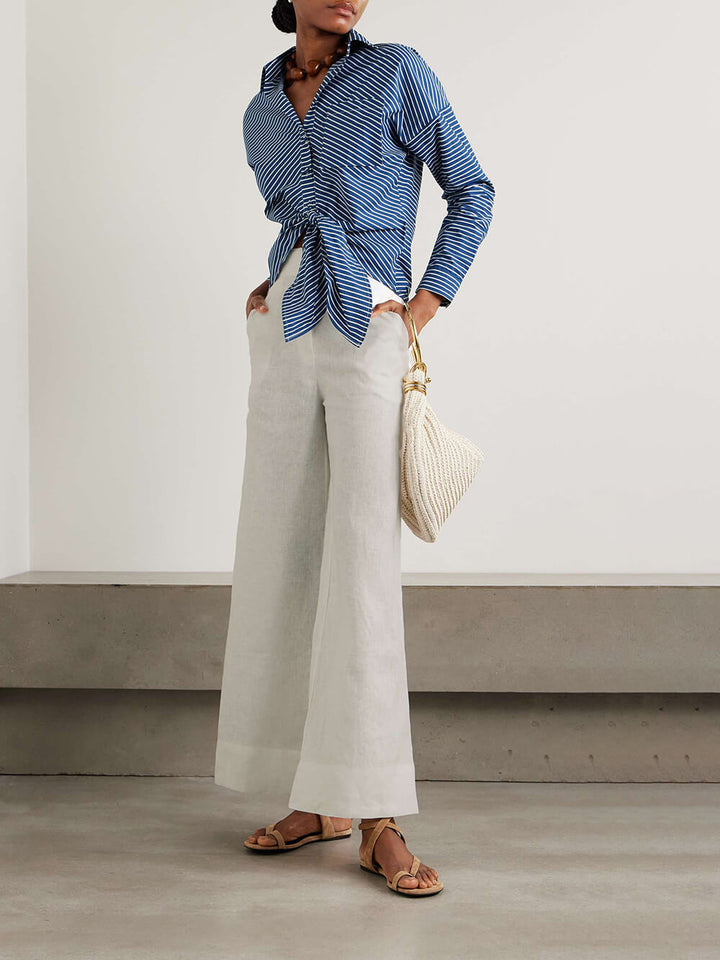 Classic Casual High-Waisted Linen Pocket Wide-Leg Pants