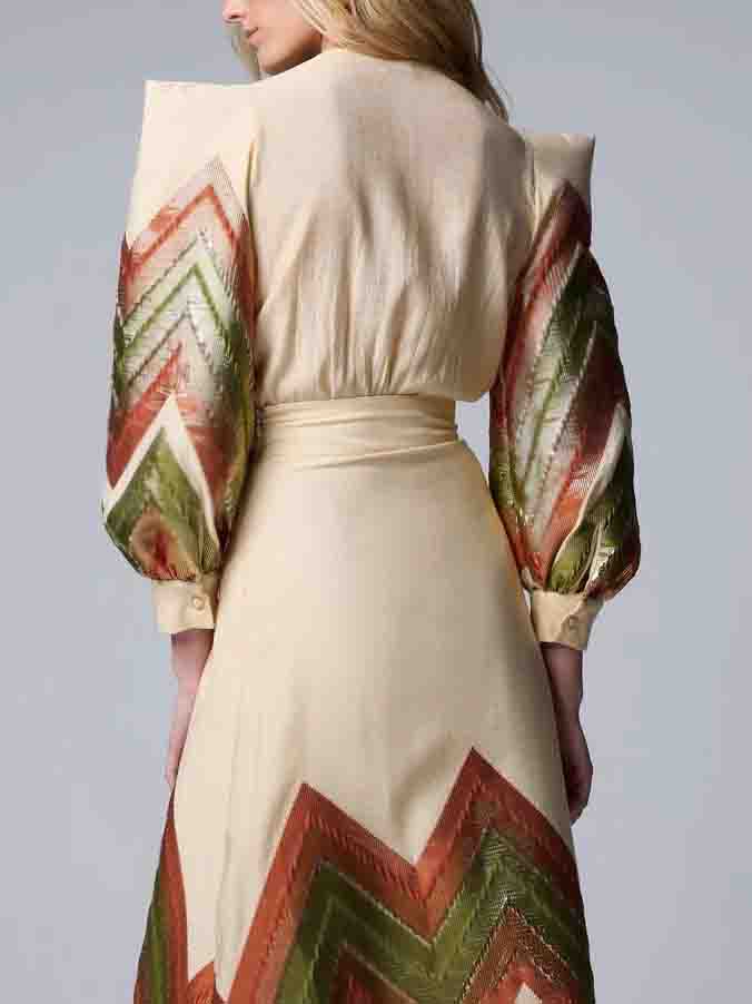 Elegant V-neck Geometric Print Maxi Dress