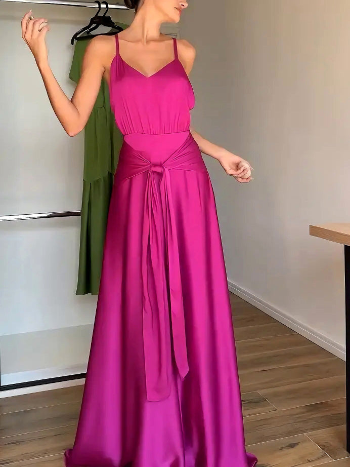 Elegant V-Neck Satin Tie-Waist Floor-Length Slip Dress