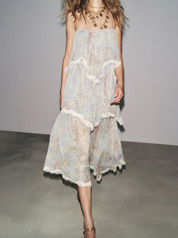 Retro Floral-Print Tiered Lace-Paneled Chiffon Maxi Dress