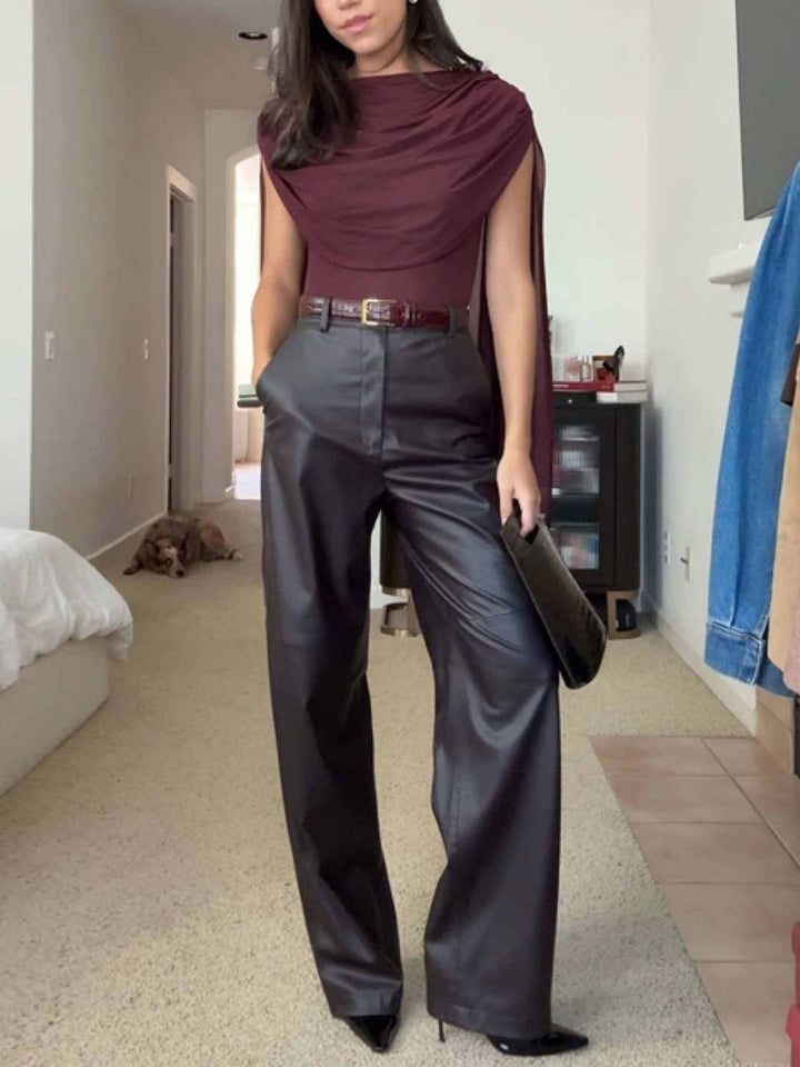 Elegant High-waist Wide-leg Faux Leather Pants