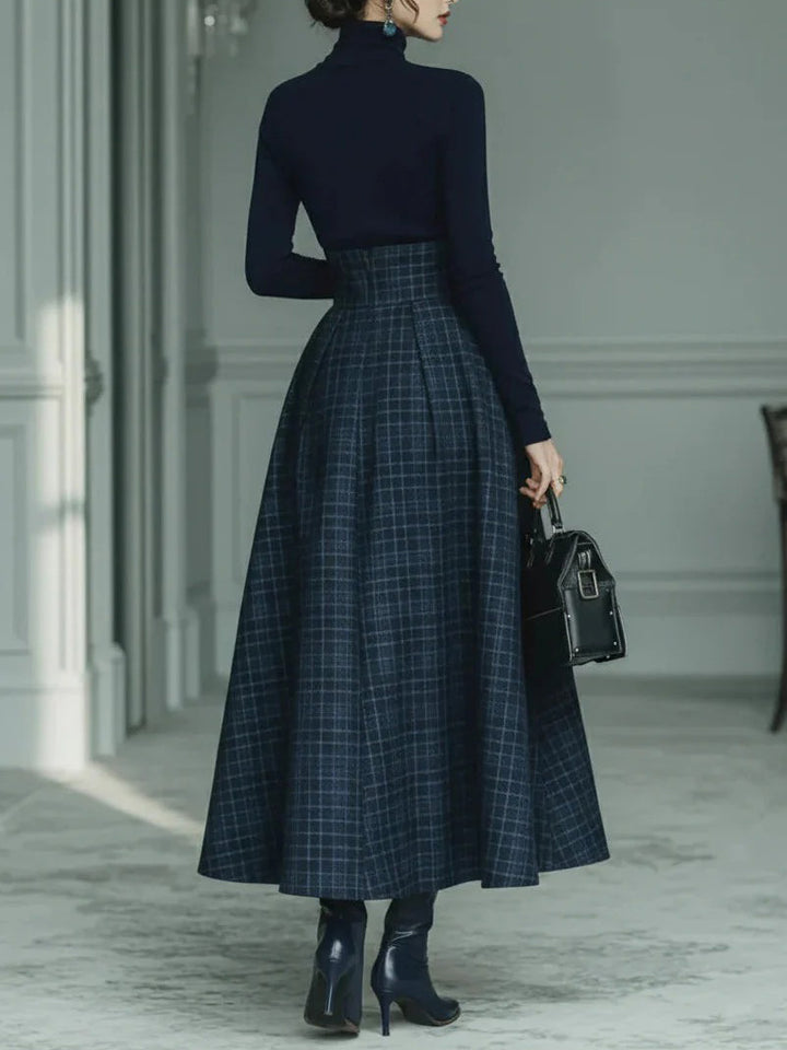 Exquisite High-neck Stretch Top And Plaid Skirt Two-piece Set