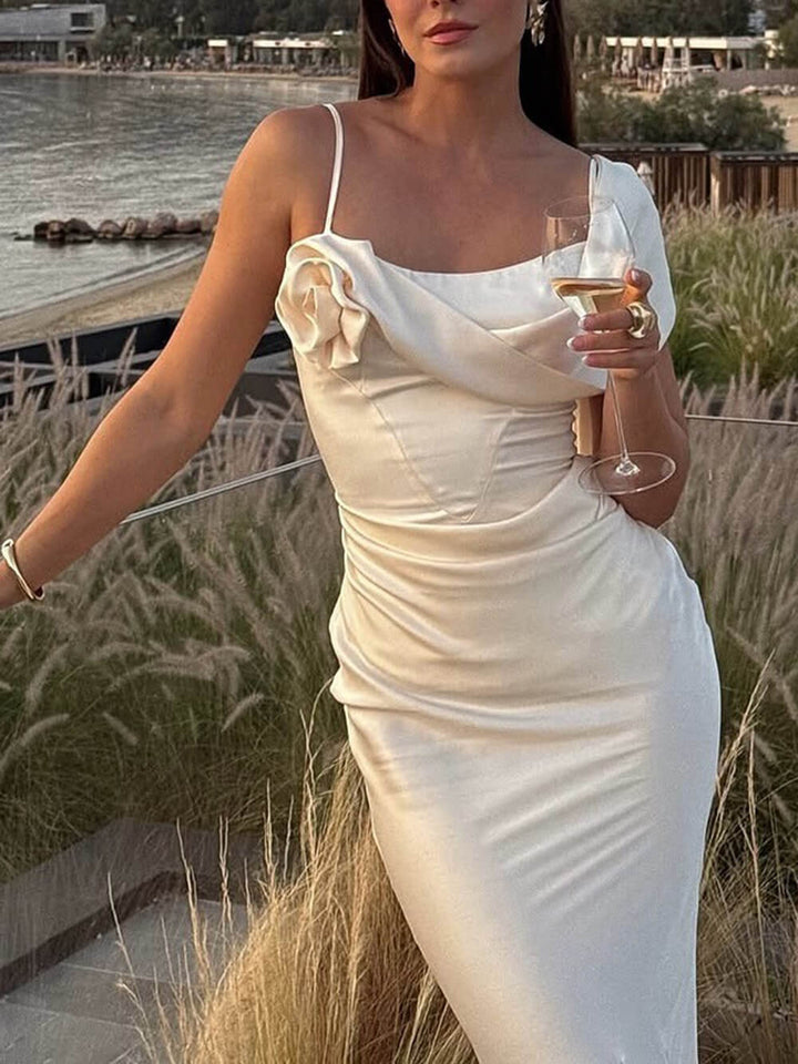 Elegant Pleated Fishtail Ribbon Fitted Party Maxi Dress