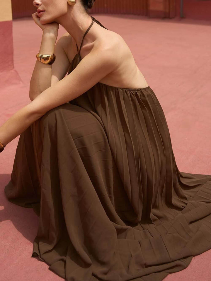 Retro Halter Tie Pleated Backless Maxi Dress