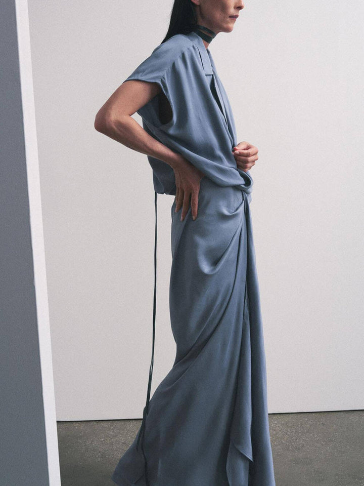 Pleated V-Neck Satin Wrap Maxi Dress