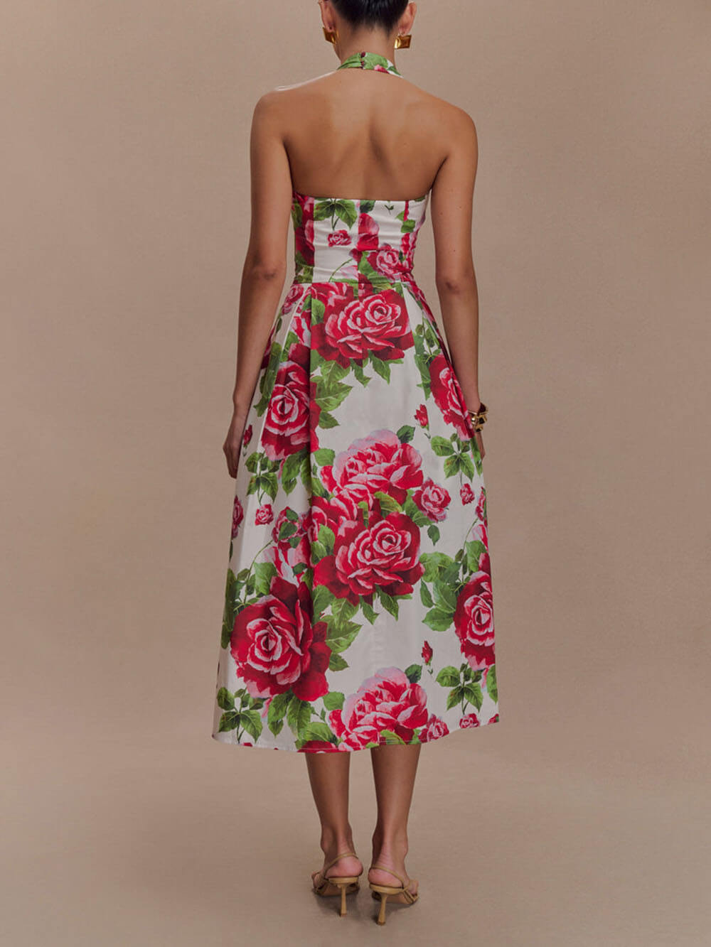 Elegant and Stunning Large Rose Printed Backless Pleated Midi Dress