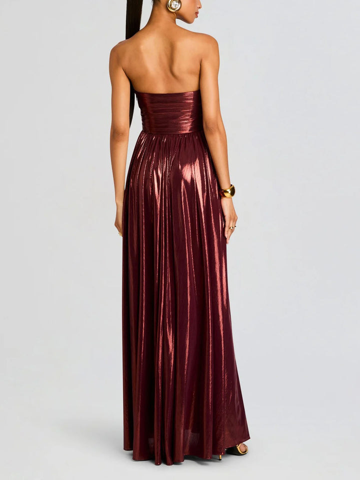Elegant Strapless Metallic Pleated Floor-length Maxi Dress