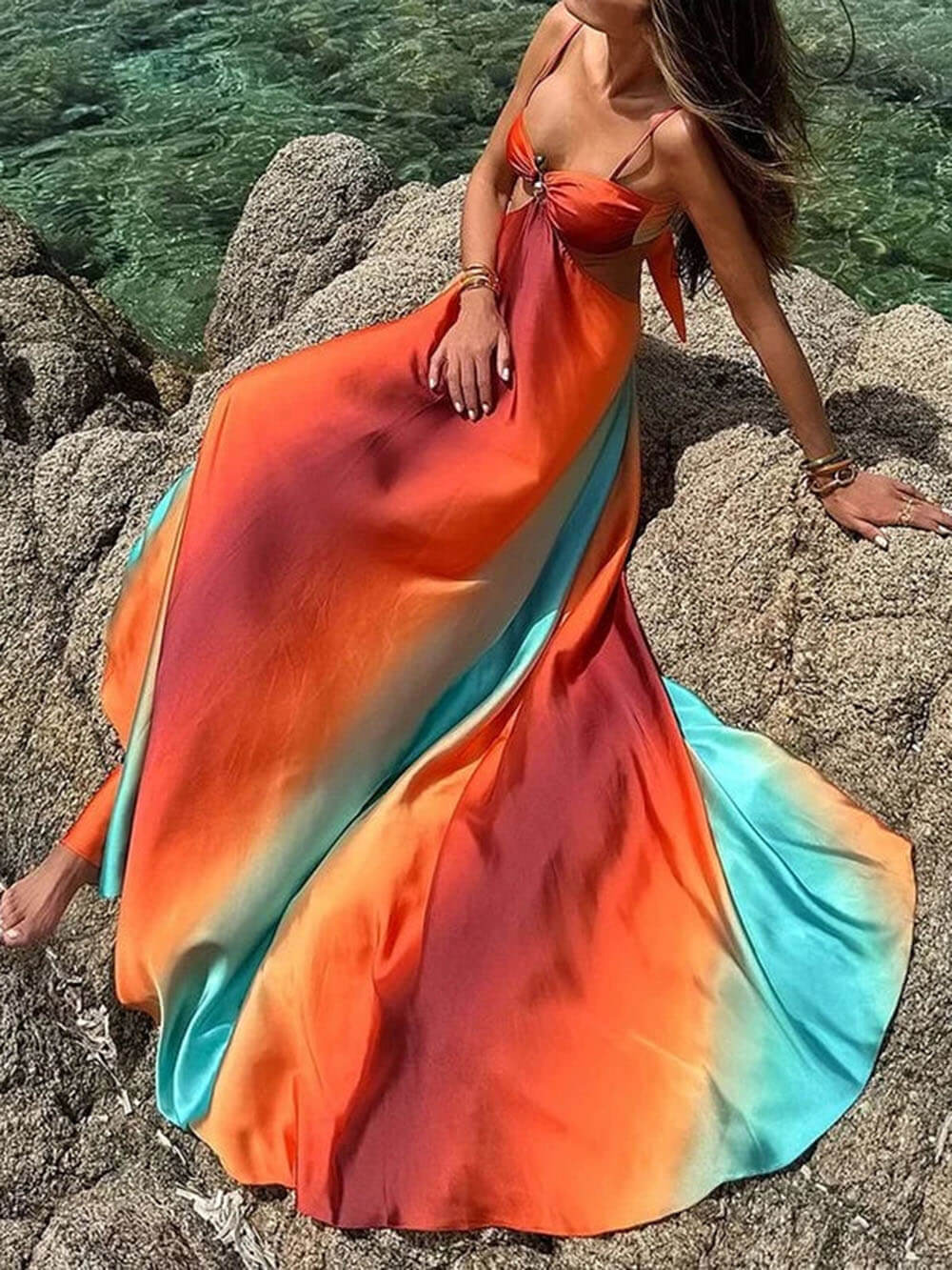 Unique Colorful Gradient Suspender Maxi Dress