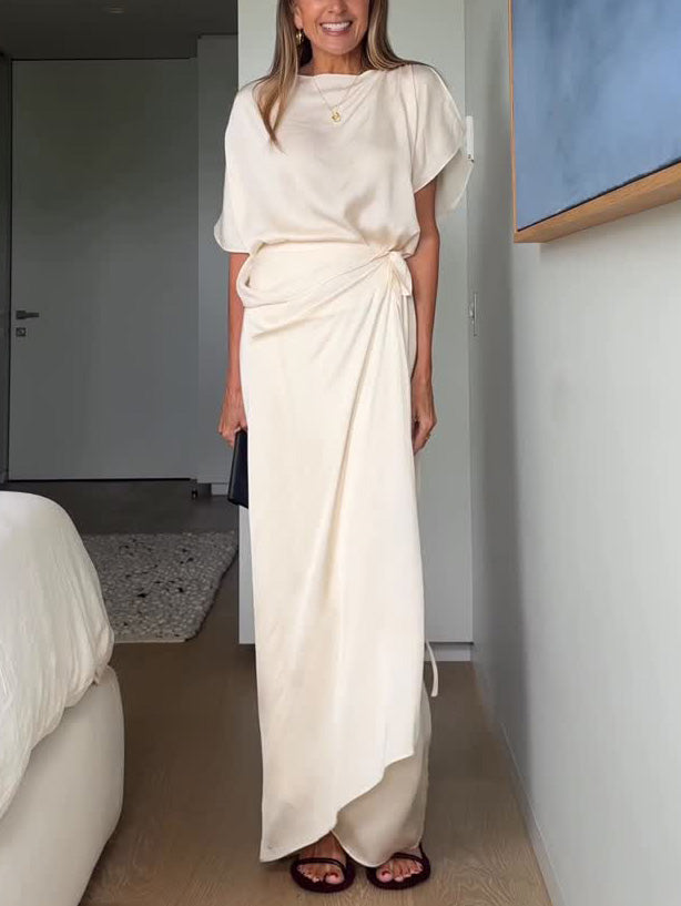 Elegant Satin Draped Wrap Maxi Dress