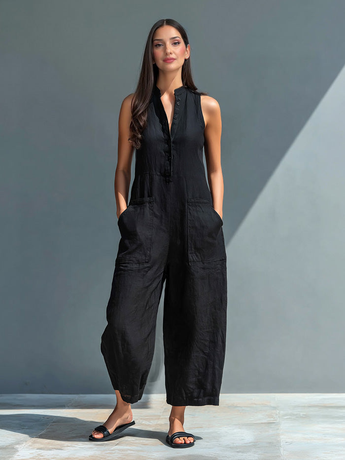 Casual Button-Front Sleeveless Loose Jumpsuit