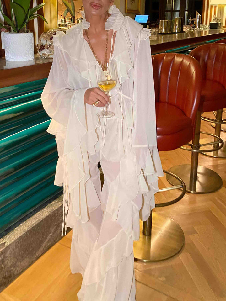 Fashionable Ruffled Long-Sleeved Chiffon Shirt