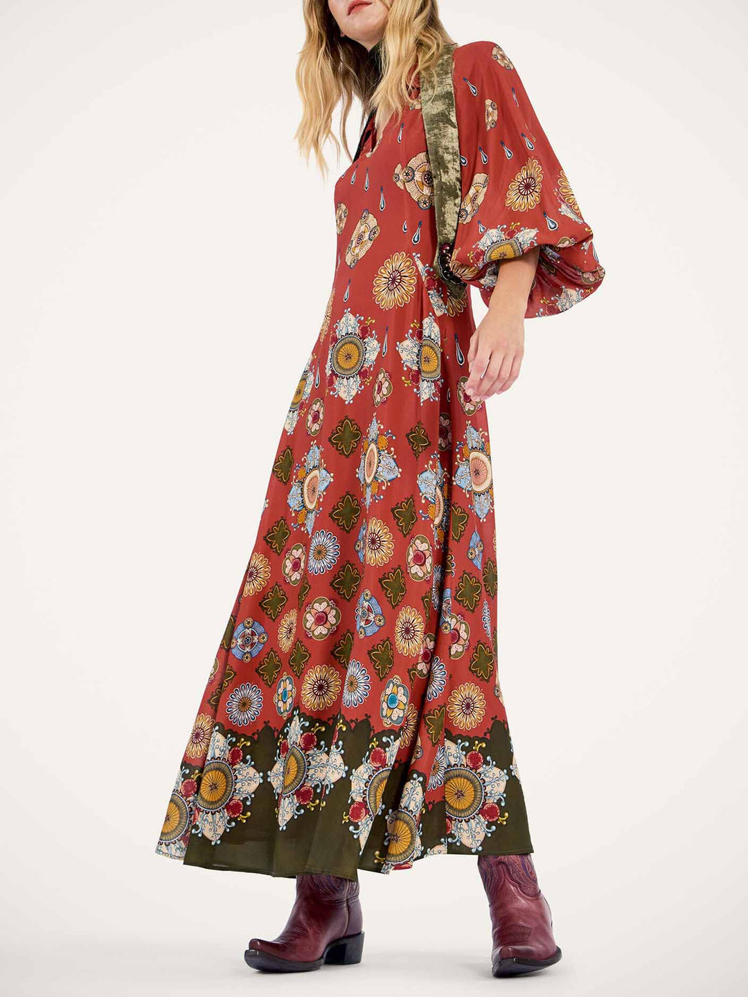Elegant Satin Printed Shirt Collar Long Sleeve Maxi Dress