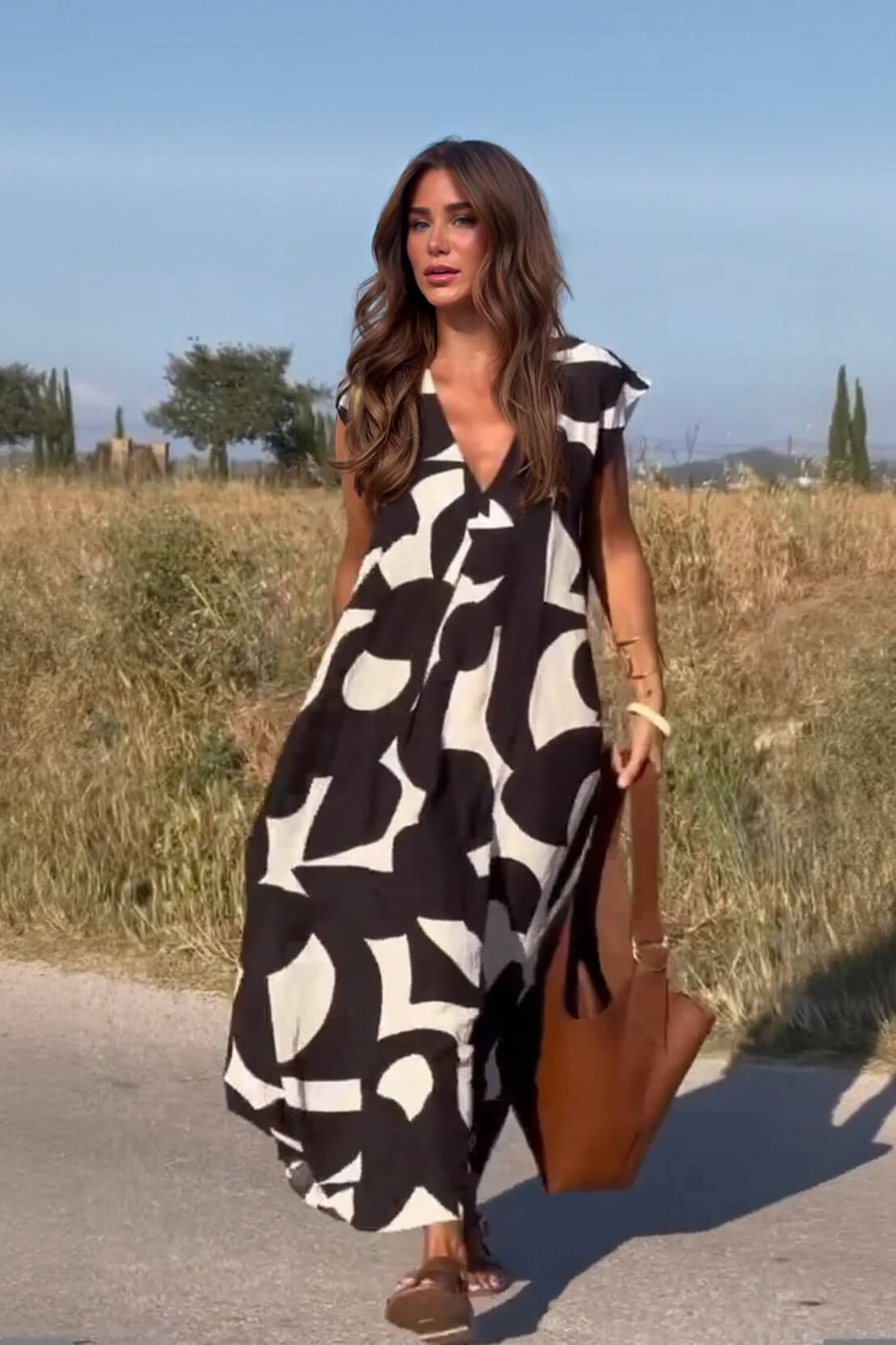 Casual Geometric Print V-neck Loose Maxi Dress