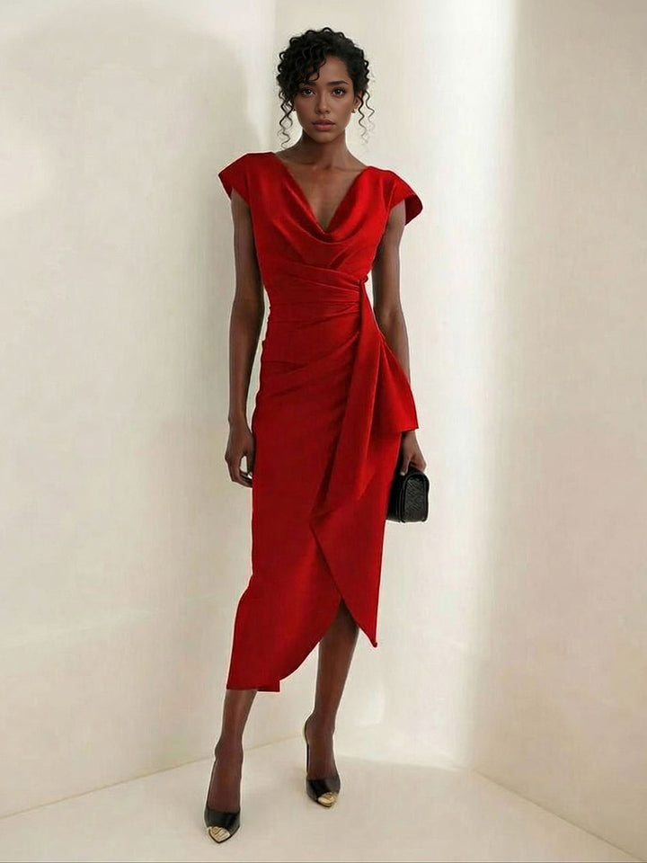 Elegant Draped Neckline Fitted Midi Dress