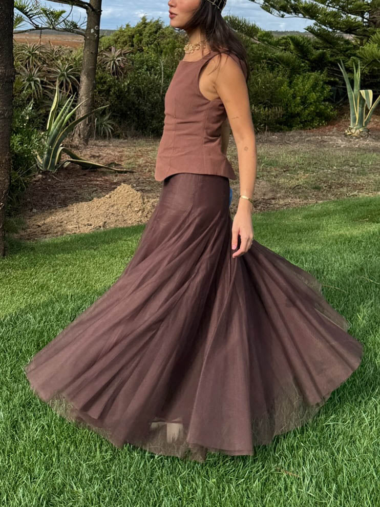 Elegant Square Neck Brown Faux Two-piece Maxi Dress