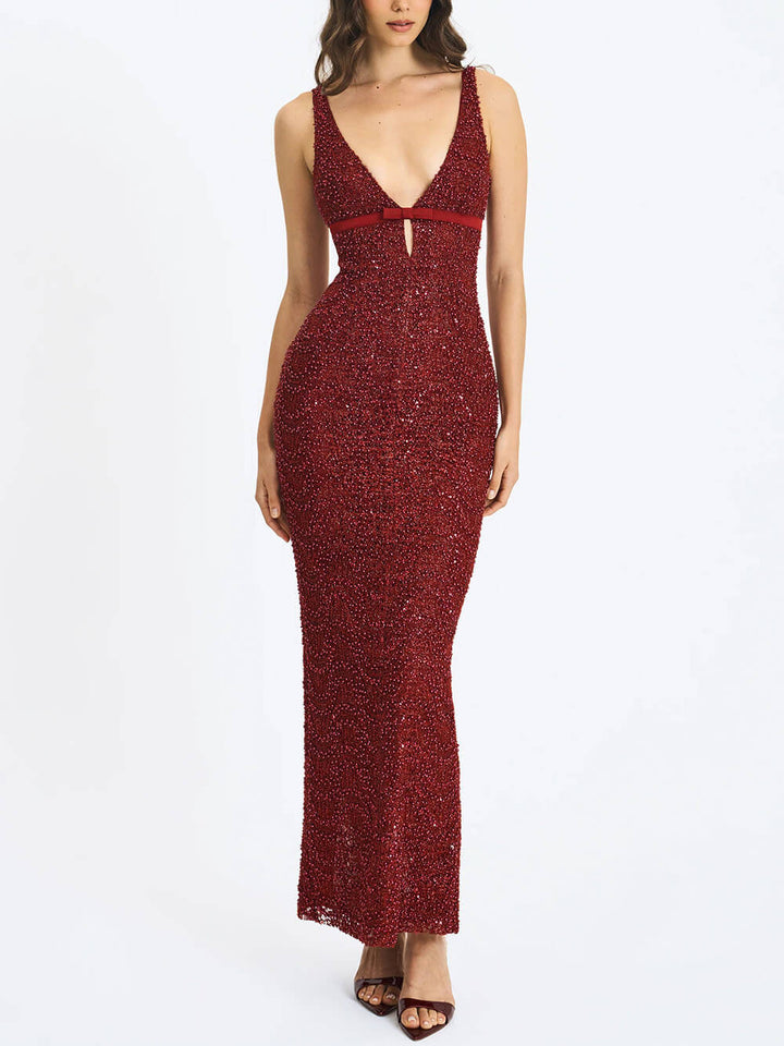 Festival Exquisite Sequin Beaded Mesh Bow-Detail Cut-Out Slit Maxi Dress