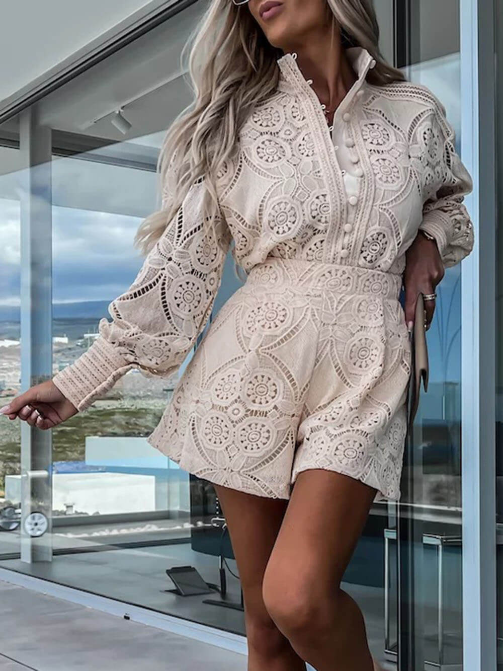 Casual Style Unique Single-Breasted Stand-Up Collar Lace Shorts Suit