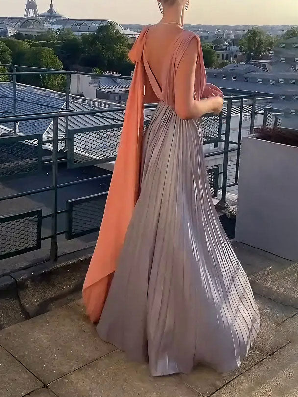 Elegant V-neck Pleated Color-contrast Maxi Dress