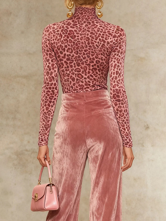 Casual Velvet Leopard Print T-Shirt And Wide-Leg Pants Two-Piece Set