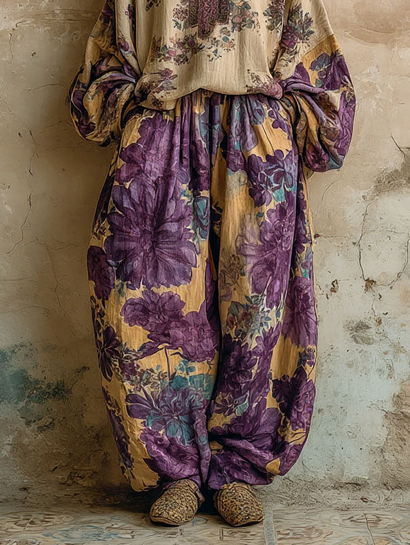 Retro Floral Embroidered Top & Wide-Leg Pants Two-Piece Set