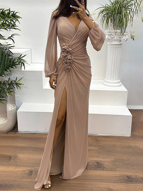 Elegant V-Neck Ruched Floral Slit Maxi Dress