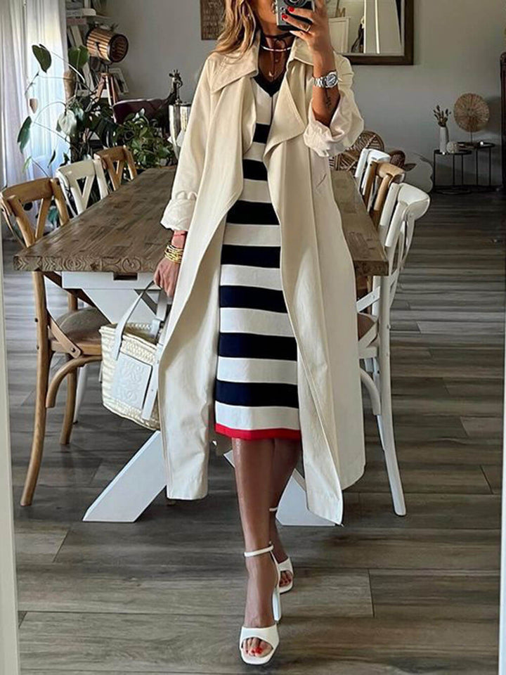 Classic Stripe Print V-Neck Slit Hem Dress